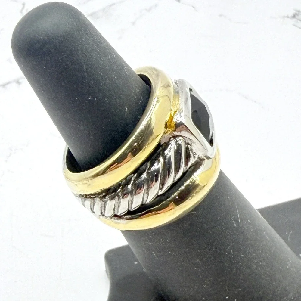 New Black Faceted Glass Stone Two Tone Ring Size 6 Unisex See‎ Video